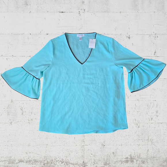 Calvin Klein Mint Green V Neck Bell Sleeve Relaxed Fit Womens Blouse Size Large - Picture 6 of 6